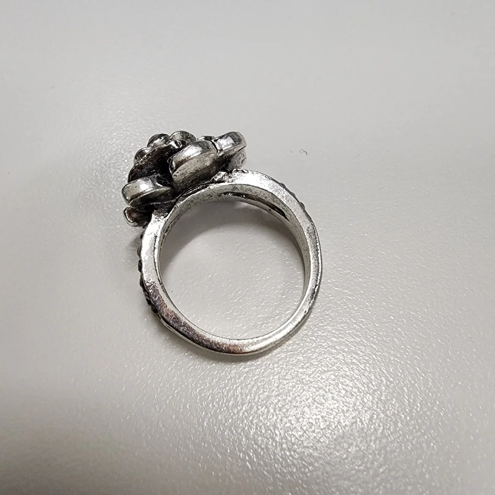 Sz 8 Gothic Black Rose Flower Ring Black Rhinestone Cocktail Statement Feminine